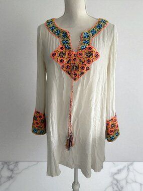 PIA PAURO Women's Handbeaded White Long Sleeeve Dress Size Small